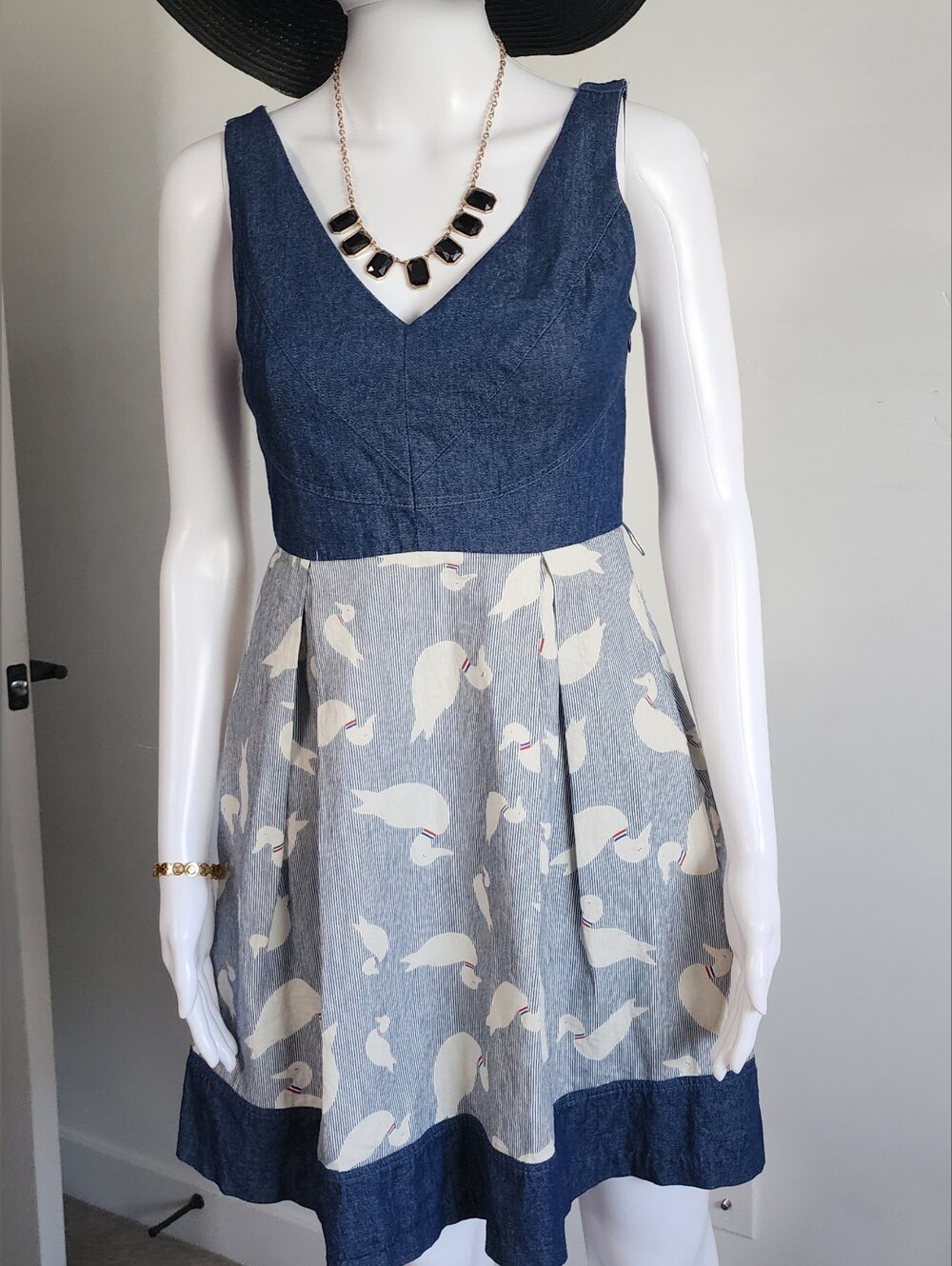 Eva Franco Navy Denim-Look Bodice with Cream Swan Print Mini Dress